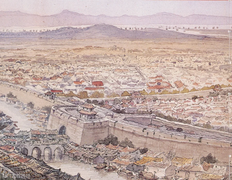 A watercolor painting of Nanjing from the point of view of an onlooker at the Glazed Pagoda in 1842, by Edward H. Cree, from “The Cree Journals,” published in 1981. Courtesy of the Nanjing Great Bao’en Temple Ruins Museum