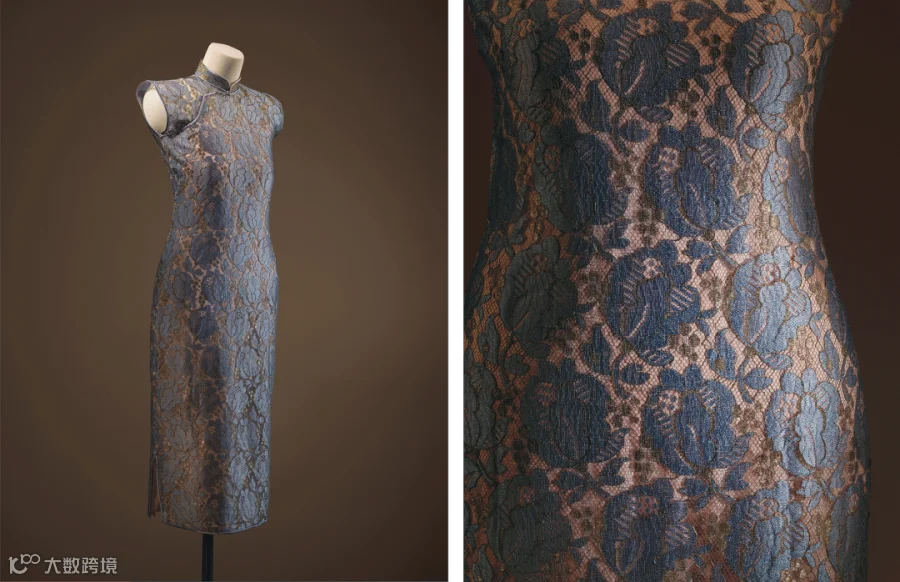 Silver-gray lace qipao with rose motif and gold thread outline, 1940s, from the collection of Mr. Jeff Chang. Courtesy of Shanghai Museum