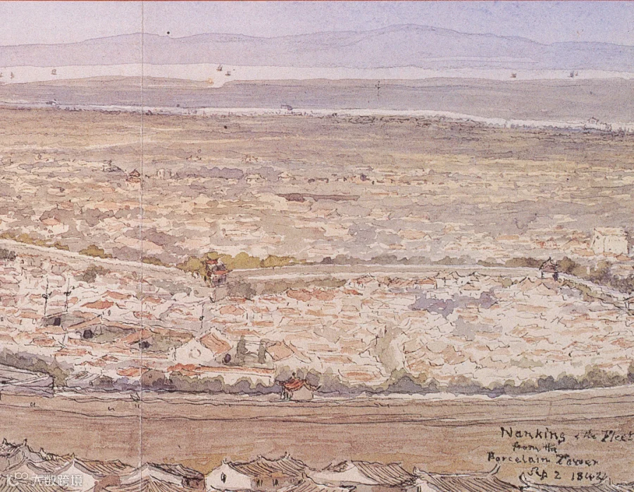 A watercolor painting of Nanjing from the point of view of an onlooker at the Glazed Pagoda in 1842, by Edward H. Cree, from “The Cree Journals,” published in 1981. Courtesy of the Nanjing Great Bao’en Temple Ruins Museum