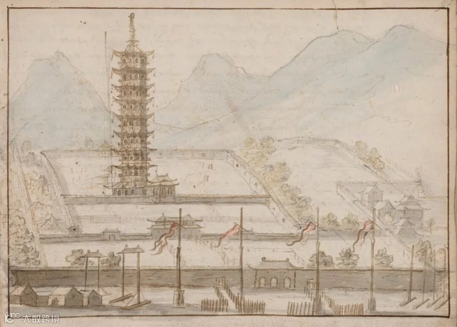 An illustration of the Glazed Pagoda by Johan Nieuhof, from Nieuhof’s journal, published in 1658. Courtesy of the Bibliothèque nationale de France