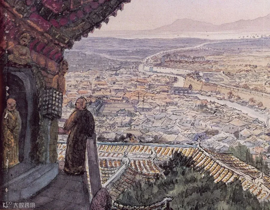 A watercolor painting of Nanjing from the point of view of an onlooker at the Glazed Pagoda in 1842, by Edward H. Cree, from “The Cree Journals,” published in 1981. Courtesy of the Nanjing Great Bao’en Temple Ruins Museum