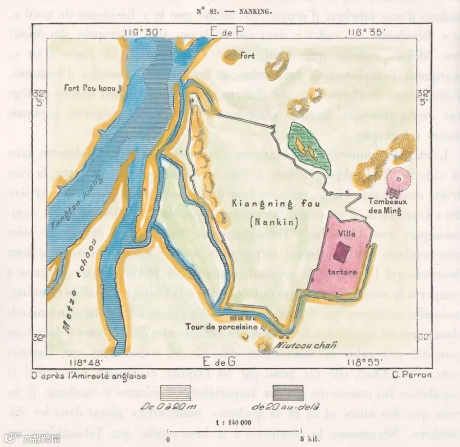 A map of Nanjing, 1882. The “Tour de porcelaine” at the bottom of the map refers to the location of the Glazed Pagoda. Courtesy of the Nanjing Great Bao’en Temple Ruins Museum