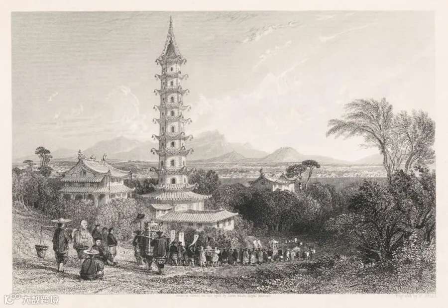 An illustration of the Glazed Pagoda from “China, in a Series of Views: Displaying the Scenery, Architecture, and Social Habits of that Ancient Empire,” by Thomas Allom and George Newenham Wright, 1843. Courtesy of the Nanjing Great Bao’en Temple Ruins Museum