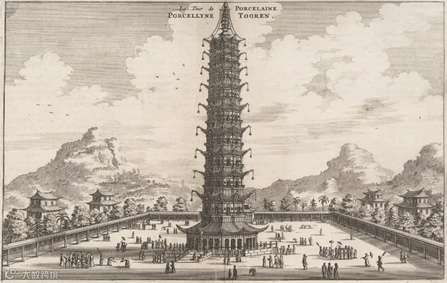 A close-up illustration of the Glazed Pagoda, from the French edition of Nieuhof’s journal, published in 1665. Courtesy of the Bibliothèque nationale de France