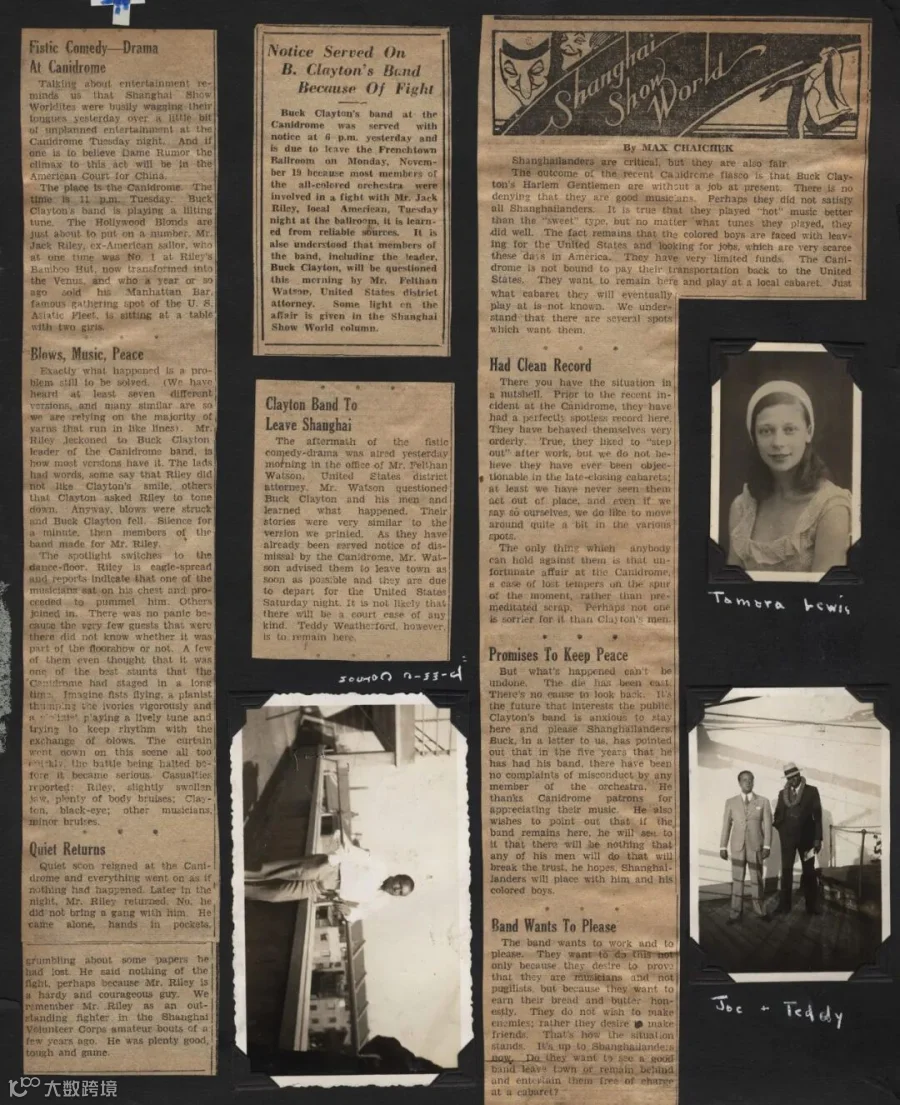 Newspaper clippings related to the fight between Clayton and the U.S. marine at the Canidrome. Joe McCutchin and Teddy Weatherford are pictured together in the bottom right. From the LaBudde Special Collections, University of Missouri–Kansas City