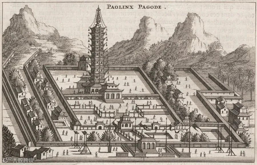 An illustration of the 10-story Glazed Pagoda, from the French edition of Nieuhof’s journal, published in 1665. Courtesy of the Bibliothèque nationale de France