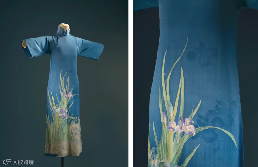 Blue crêpe qipao with painted iris motif and details, 1920s, from the collection of Mr. Jeff Chang. Courtesy of Shanghai Museum