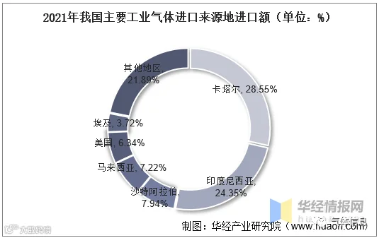 2021年我国主要工业气体进口来源地进口额(单位:%)