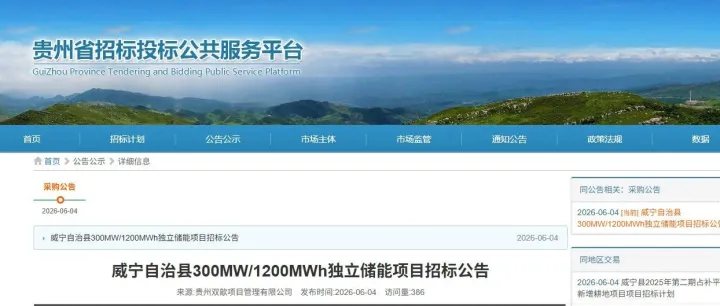 300MW/1200MWh，贵州<em>毕节</em>独立储能调频电站EPC招标