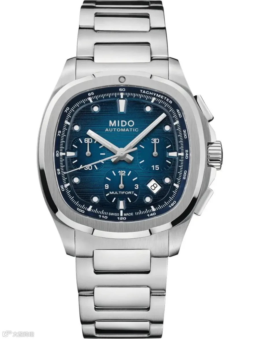 A wristwatch with a stainless steel case and bracelet, and a blue dial.