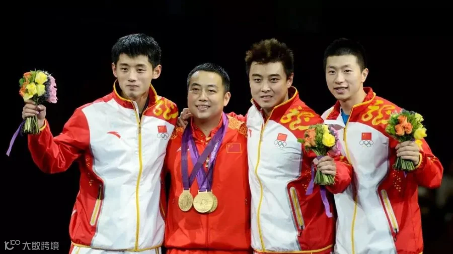Liu Guoliang (second from left) with Chinese team members Zhang Jike, Wang Hao and Ma Long after winning gold in the men’s team competition at the London Olympics. Photo: Xinhua