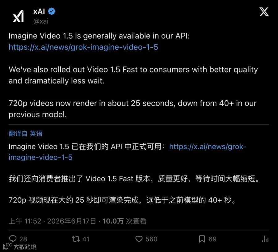 @xai 明确数据帖：720p 生成从 40+ 秒降到约 25 秒