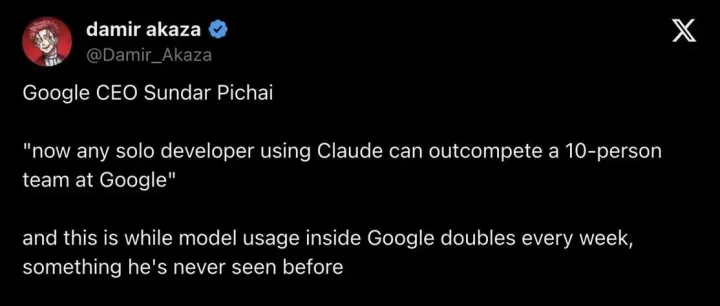 Pichai 亲口承认 Google 在 AI 编程上「落后了」！一个用 Claude 的独立开发者，能打 Google 十人团队？