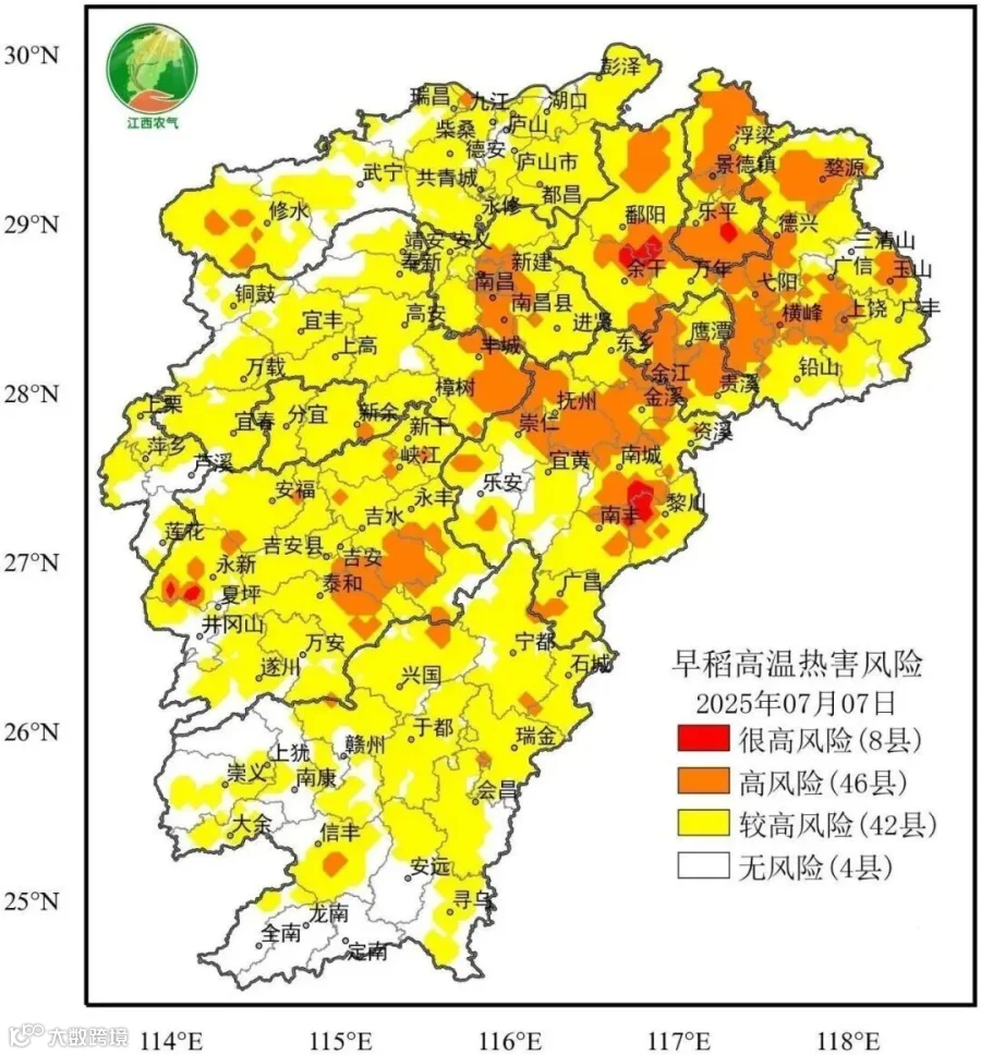 江西发布早稻高温热害风险预警：万年、永新等8县市风险很高