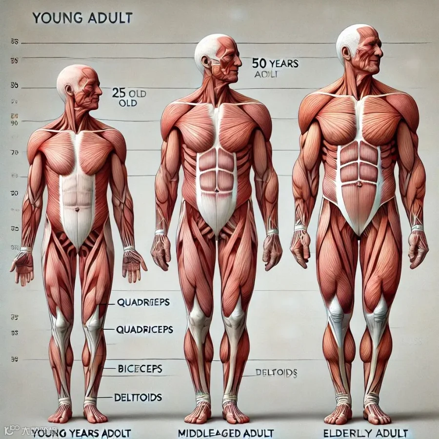 A scientific illustration comparing muscle mass at different ages. The image shows three human figures representing young adult (25 years old), middle-aged adult (50 years old), and elderly adult (75 years old). Each figure has transparent skin to reveal the muscles underneath, with clear labeling of major muscle groups (quadriceps, biceps, deltoids). The young adult has the fullest muscle mass, the middle-aged figure shows moderate muscle loss, and the elderly figure has significant muscle shrinkage. The image uses a neutral background with a scientific and educational style.