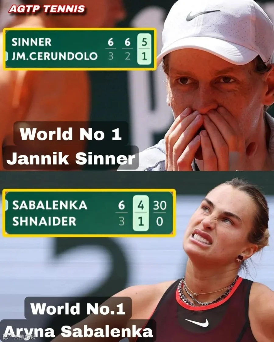 可能是包含下列内容的图片:网球和上面的文字是“AGTP TENNIS SINNER JM.CERUNDOLO 665 6 5 5 321 3 2 1 World No 1 Jannik Sinner 6 SABALENKA SHNAIDER 4 30 3 1 0 World No.1 Aryna Sabalenka”