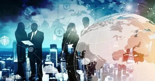 This may contain: business people standing in front of a world map