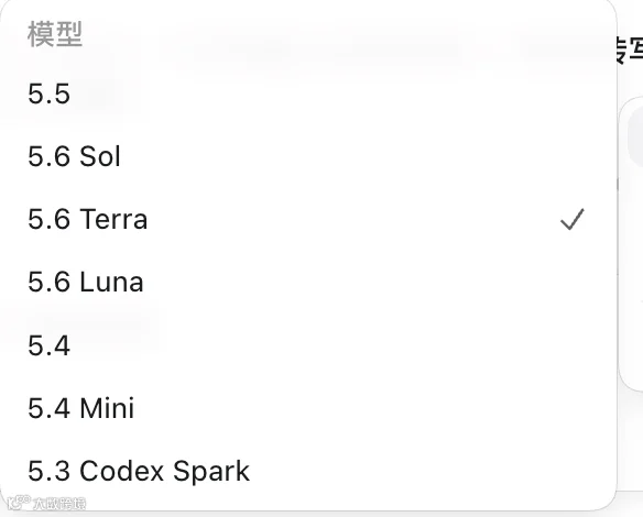 模型菜单列出 GPT-5.6 Sol、Terra、Luna,其中 Terra 已选中