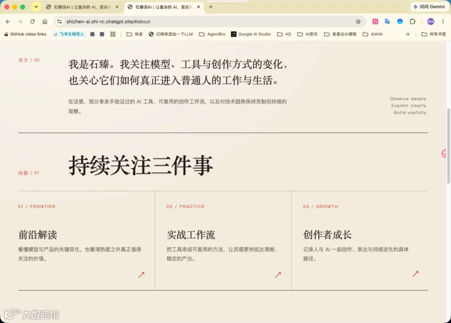 公开站点的关于与内容入口页面,展示三类内容分区