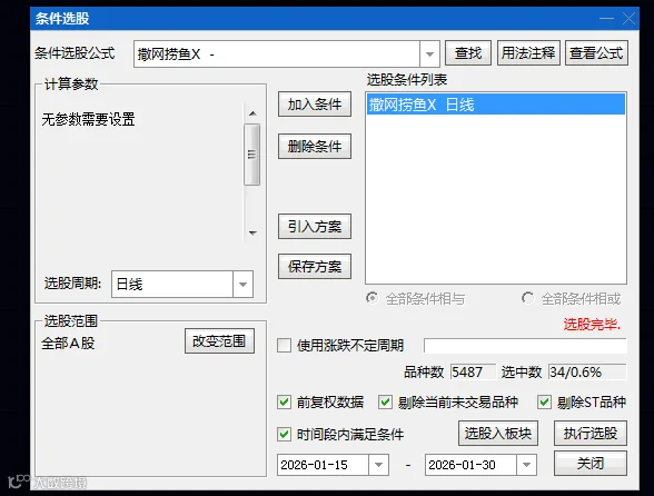 某平台588的【撒网捞鱼】副图/选股指标，帮助投资者在起涨初期撒网，在异动次日捞鱼！
