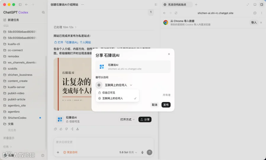 分享窗口可将站点从仅自己可见改为互联网上的任何人并发布