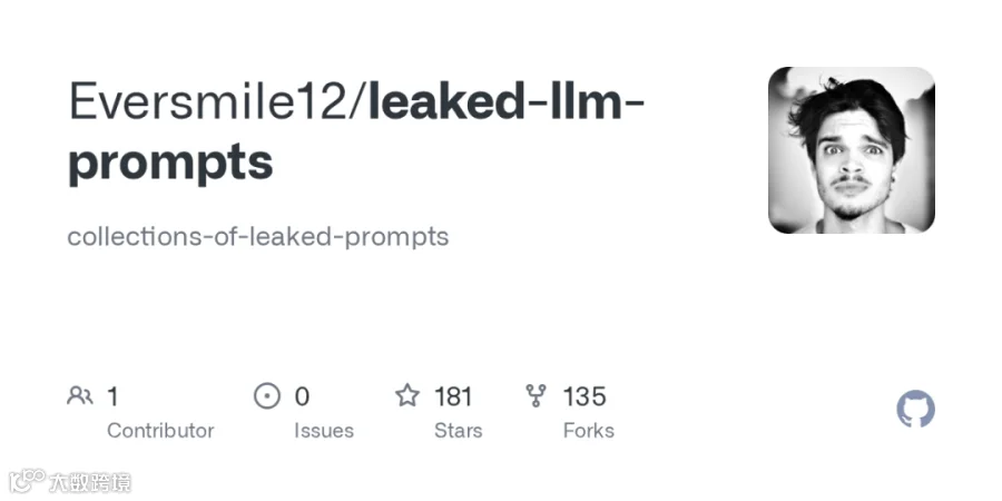 图 1：GitHub 为 Eversmile12/leaked-llm-prompts 仓库生成的公开项目卡片，展示仓库名与简介