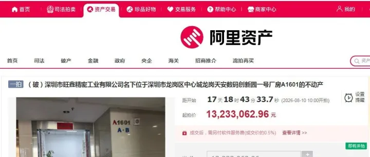 1323万起！旺鑫精密名下深圳龙岗天安数码创新园厂房拍卖