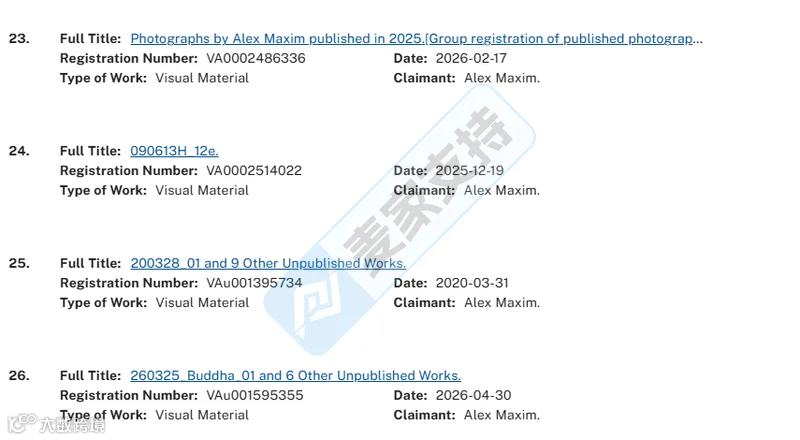 Alex Maxim 美国版权登记记录补充截图