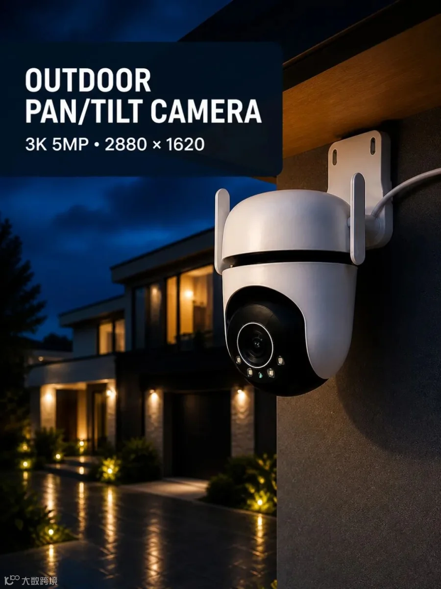Outdoor pan-tilt camera with on-image text: 3K 5MP and 2880 by 1620.