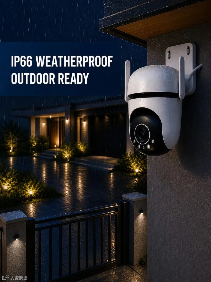 IP66 weatherproof outdoor camera visual with on-image English text in a sheltered rainy setting.