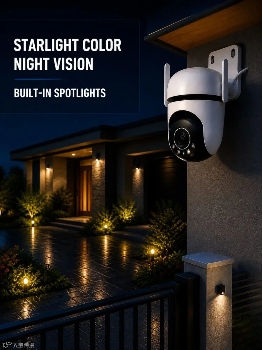 Starlight color night vision visual with on-image English text and an outdoor camera at night.