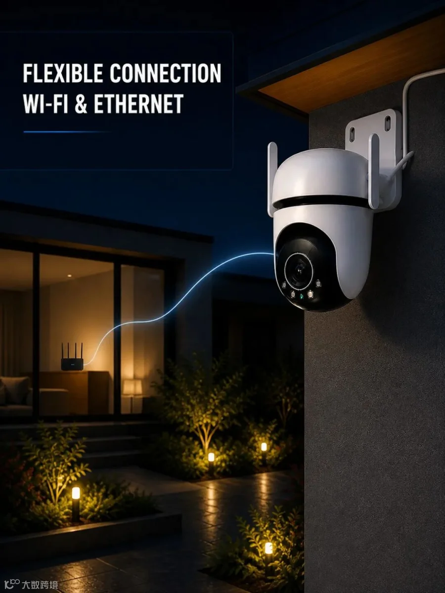 Flexible connection outdoor camera visual with on-image English text: Wi-Fi and Ethernet.