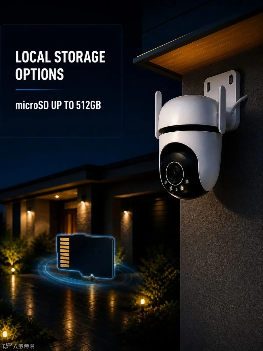 Local storage options visual with on-image English text: microSD up to 512GB.