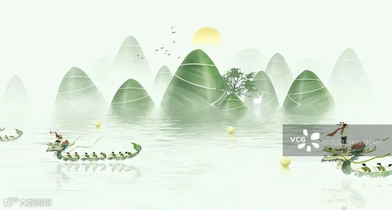 手绘端午节划龙舟比赛场景插画背景图片素材