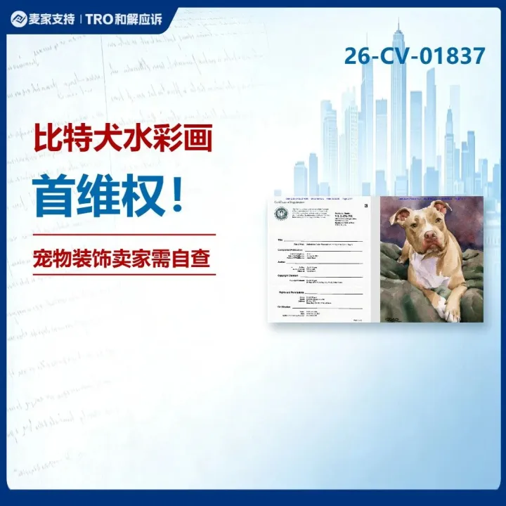 26-cv-01837｜比特犬水彩画版权案指向49店！多平台宠物装饰卖家需自查