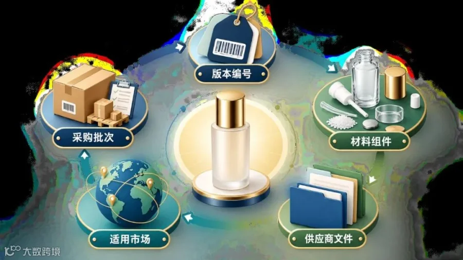 信息图：包装版本账五字段，版本编号、材料组件、供应商文件、适用市场、采购批次形成闭环