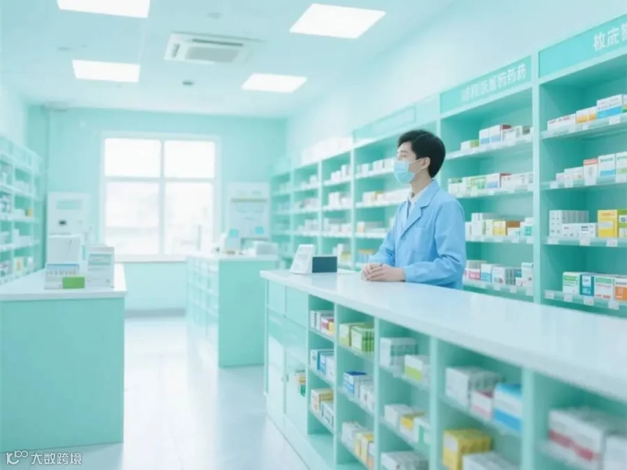 正规医院药房场景，干净明亮，小清新风格，蓝绿色调