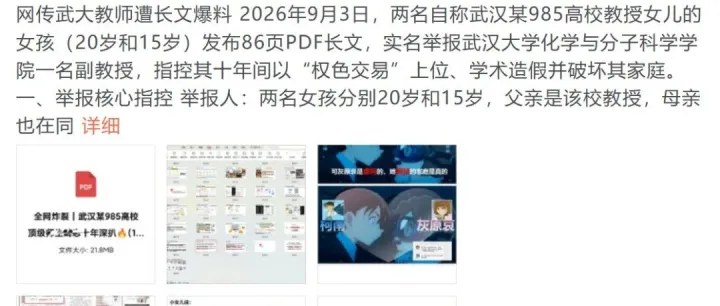 “网友86页长文举报武汉大学女教授破坏其家庭”，男方系安徽大学副校长，双方共有17篇共同署名文章被中国知网收录