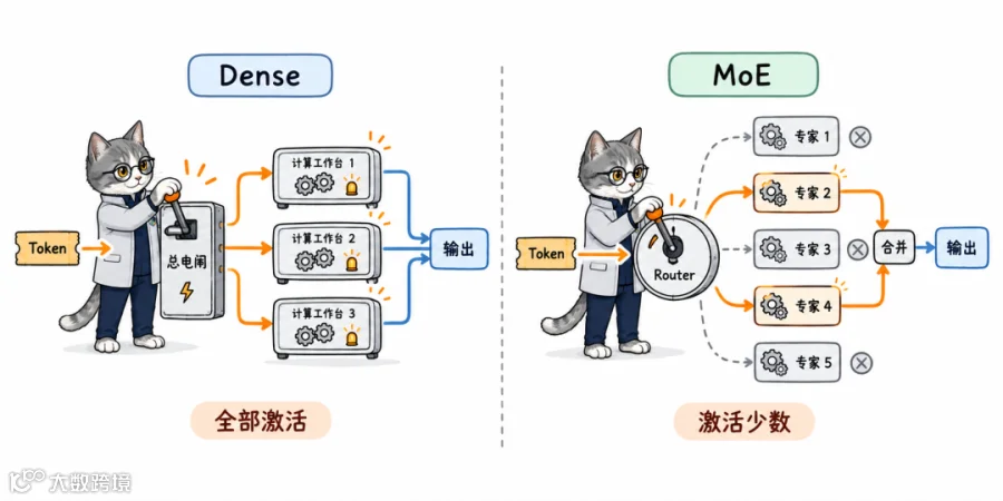 图 4：Dense 与 MoE 路由对比