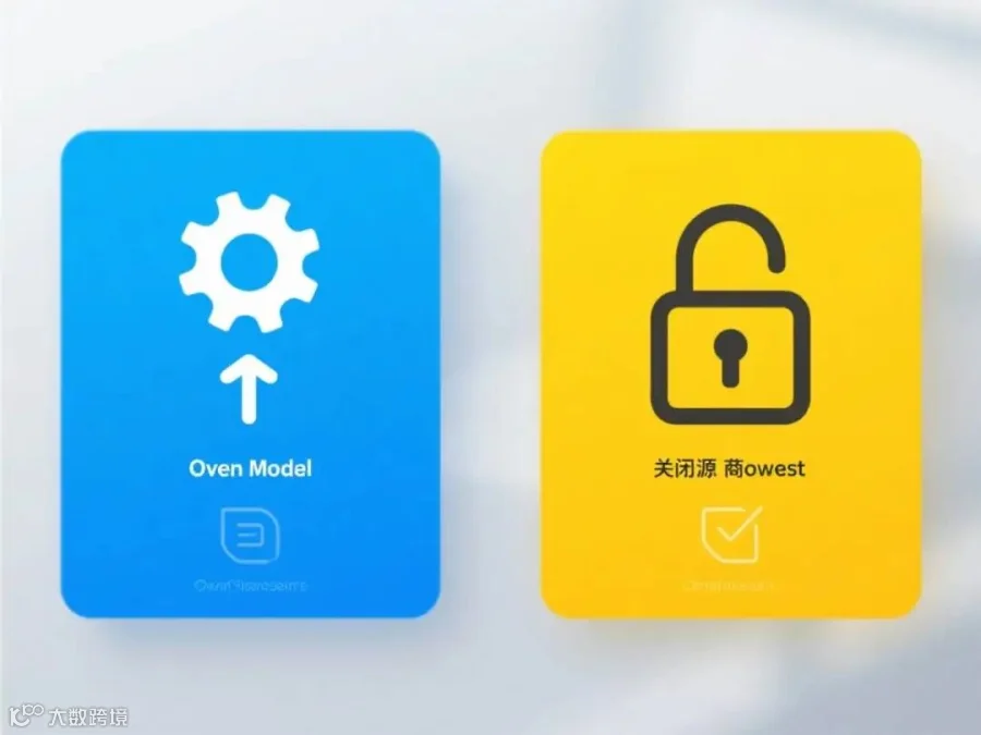 开源与闭源商业模式对比，现代科技风，蓝黄主色调
