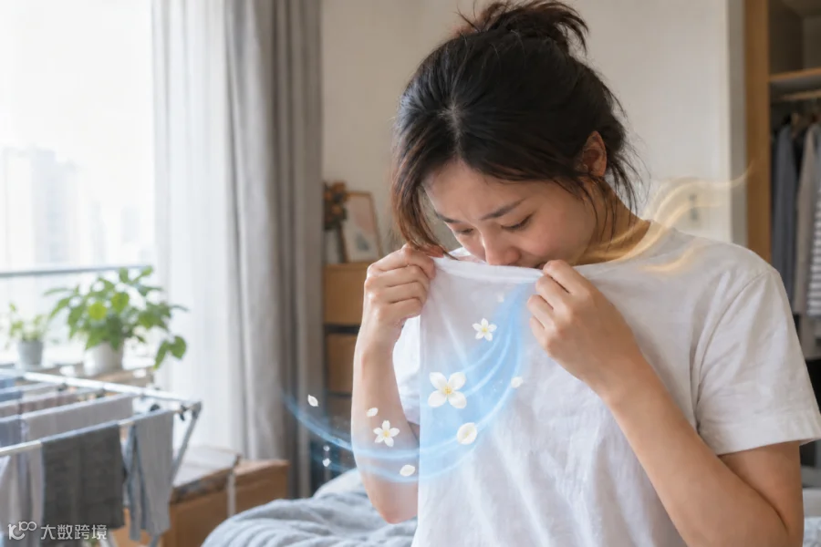 中国女生拉高白T领口闻衣服，蓝色花香与暖色异味形成对比