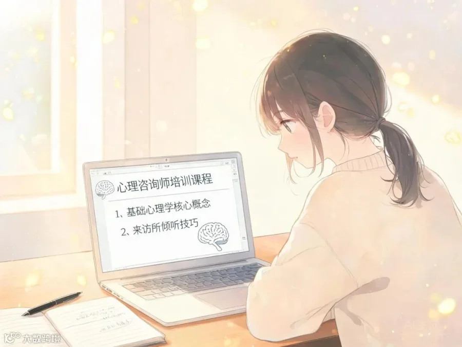 一个人对着电脑认真学习心理学课程，屏幕上显示着心理咨询师培训的课件，旁边放着笔记本和笔，风格温暖明亮