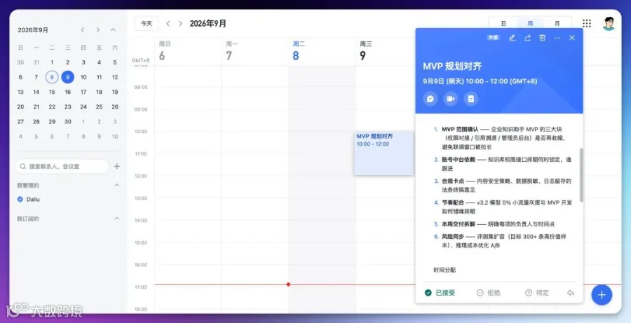 取图工单：飞书日历里新建出来的那条日程，含参与人与会议室