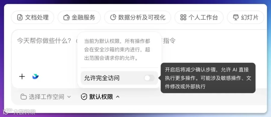 取图工单：WorkBuddy权限选择菜单，展示默认权限与完全访问两个选项