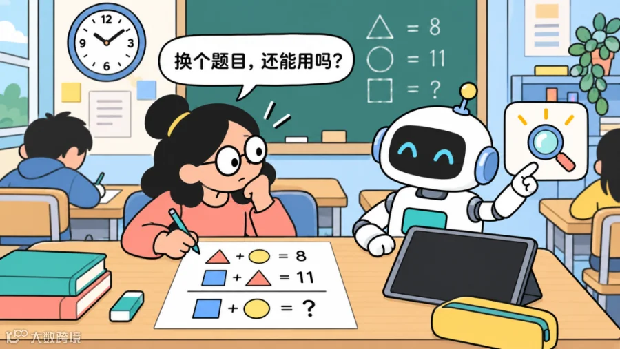 电脑关闭后孩子面对变式题，AI机器人只提供提示的儿童科普插画