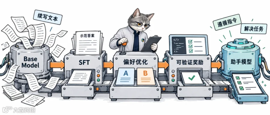 图 1：基础模型经过多阶段后训练成为助手模型