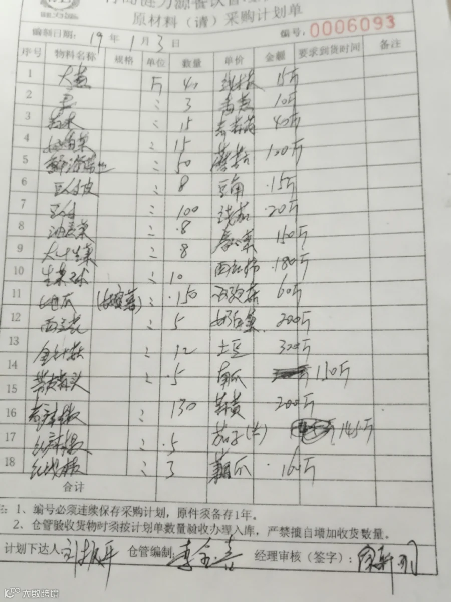 手写采购计划单
