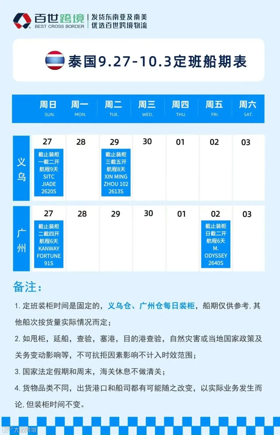泰国定班船期表