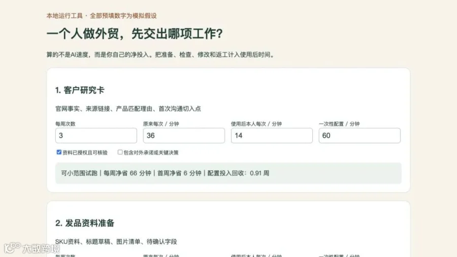 实证：本地测算页中的客户研究与发品任务输入，全部为模拟数据