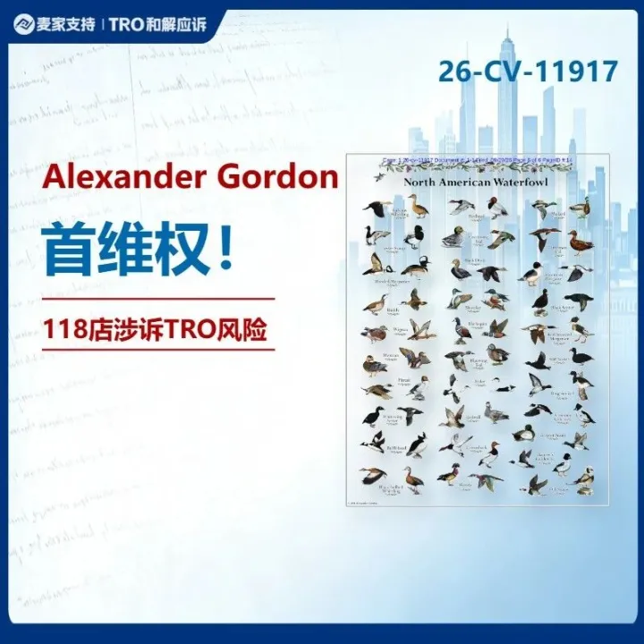 26-cv-11917 | 鸭类插画引爆TRO！118名跨境卖家因装饰画版权侵权面临账户冻结